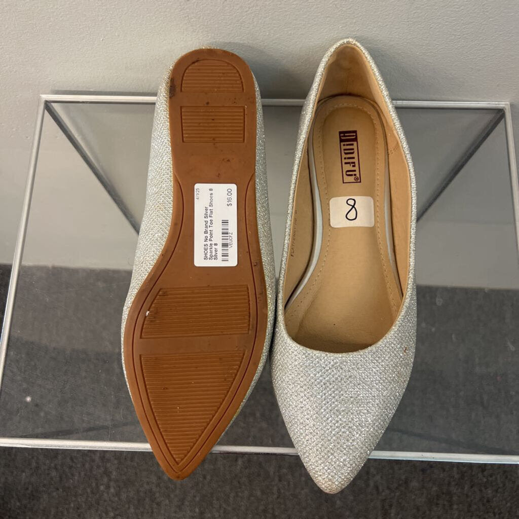 Silver Sparkle Point Toe Flat Shoes 8