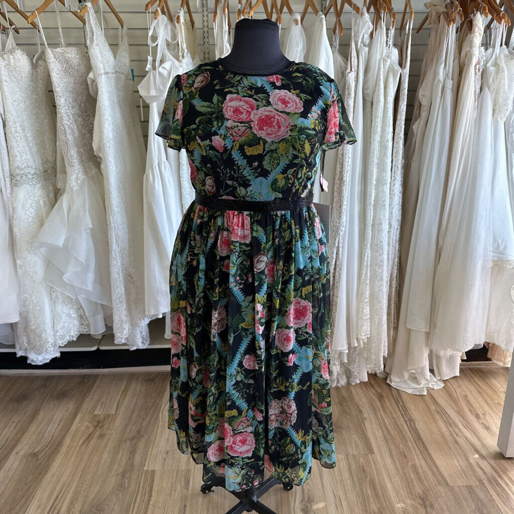 Mac Duggal Black/ Multi Floral Short Sleeve Midi Dress 16
