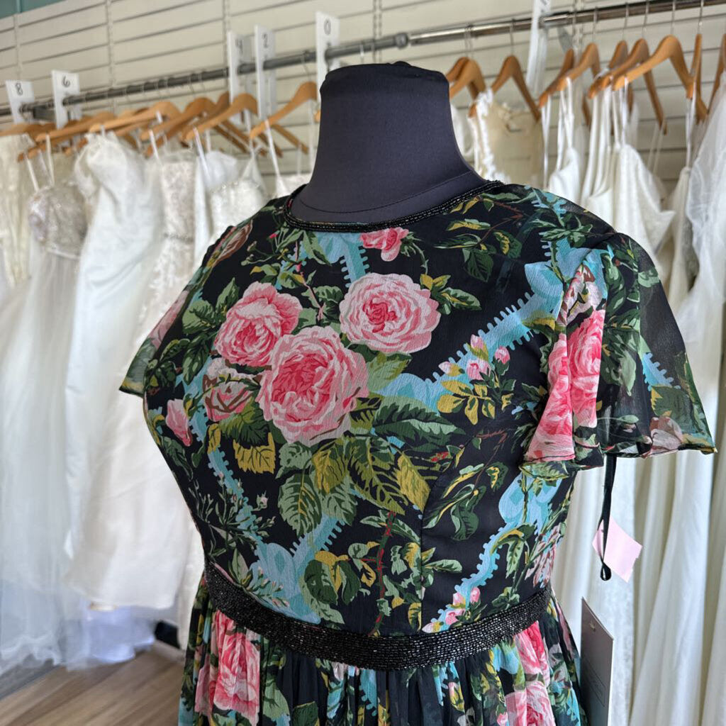 Mac Duggal Black/ Multi Floral Short Sleeve Midi Dress 16
