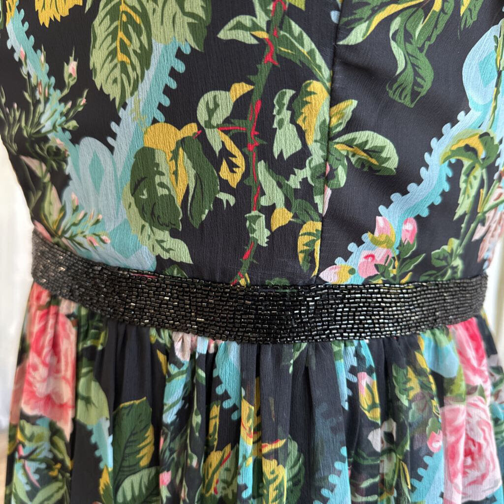 Mac Duggal Black/ Multi Floral Short Sleeve Midi Dress 16