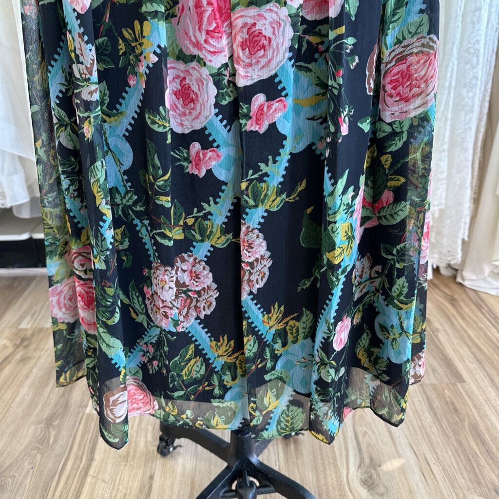 Mac Duggal Black/ Multi Floral Short Sleeve Midi Dress 16