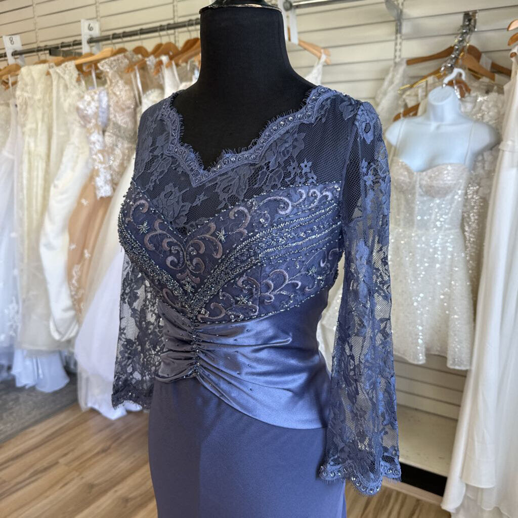 Montage by Mon Cheri Blue Lace Long Sleeve Long Formal Dress 10