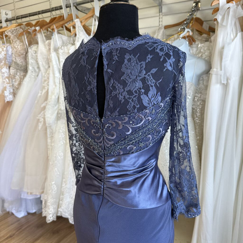 Montage by Mon Cheri Blue Lace Long Sleeve Long Formal Dress 10