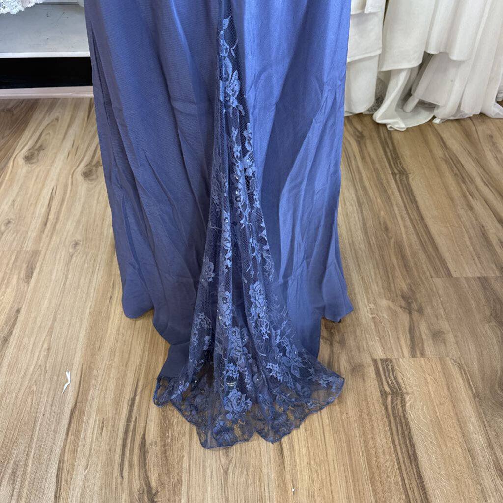 Montage by Mon Cheri Blue Lace Long Sleeve Long Formal Dress 10