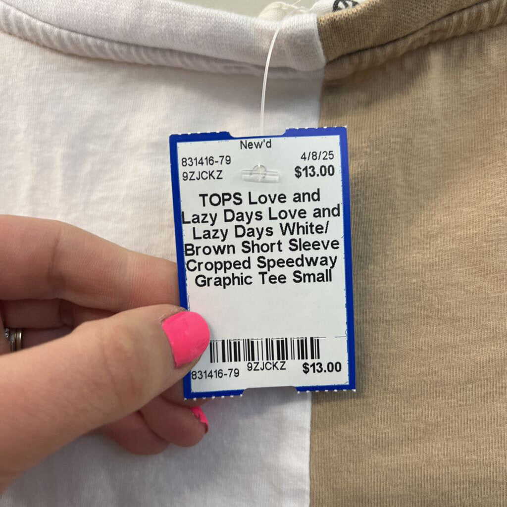 Love and Lazy Days White/ Brown Short Sleeve Cropped Speedway Graphic Tee Small