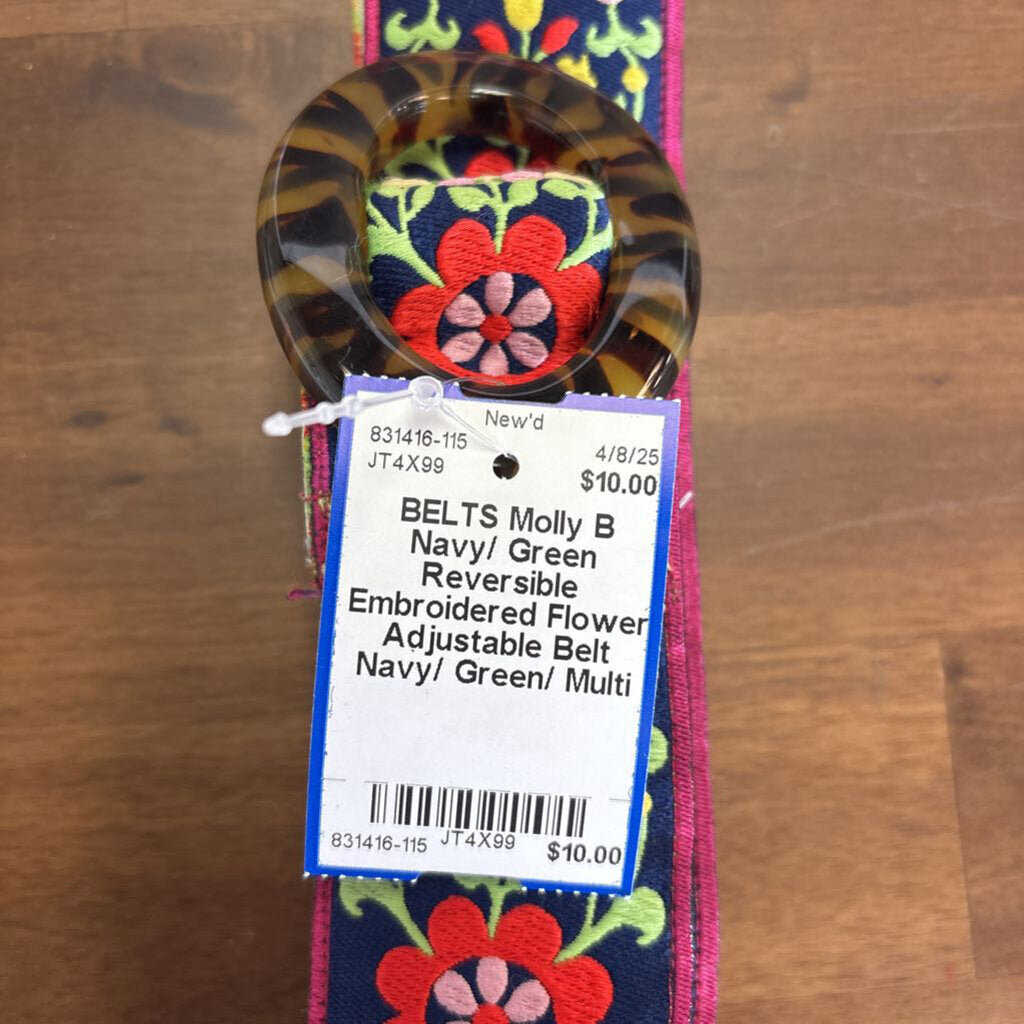 Navy/ Green Reversible Embroidered Flower Adjustable Belt