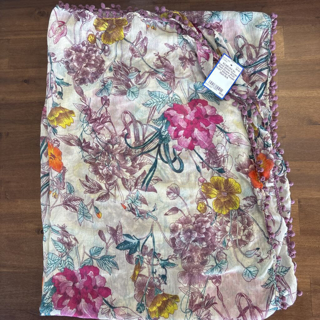 White/ Purple/ Multi Flower Print Scarf