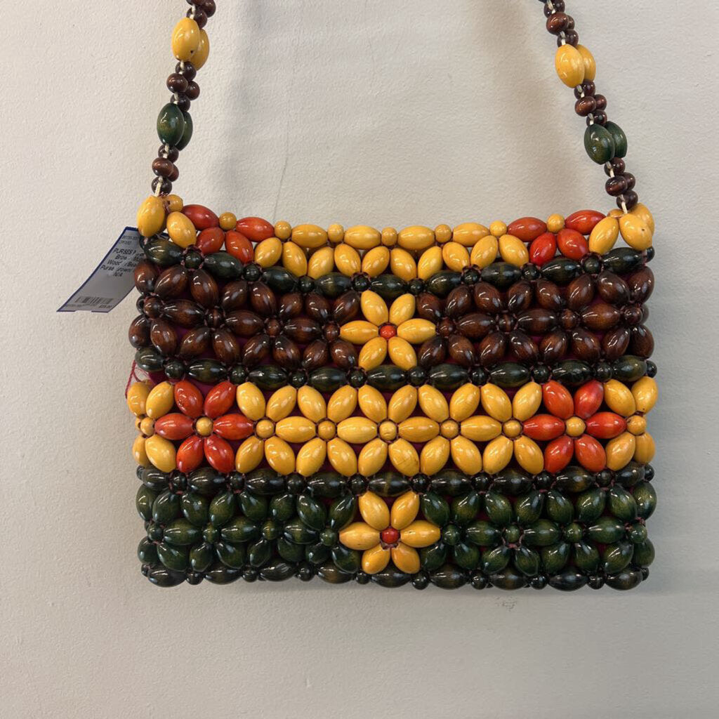 Brown/ Multi Wooden Beaded Purse