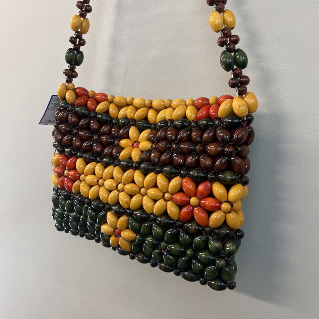 Brown/ Multi Wooden Beaded Purse