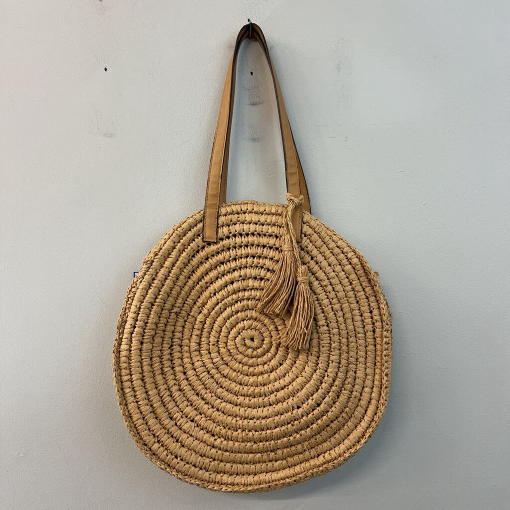 Brown Natural Straw Woven Circle Purse