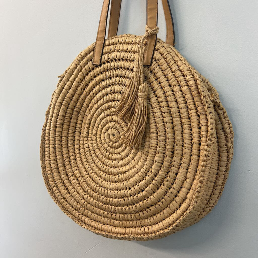 Brown Natural Straw Woven Circle Purse