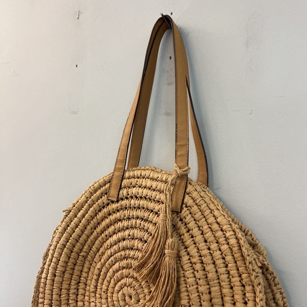 Brown Natural Straw Woven Circle Purse