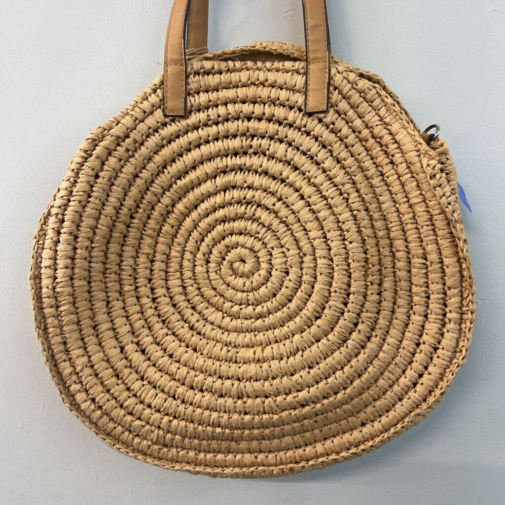 Brown Natural Straw Woven Circle Purse