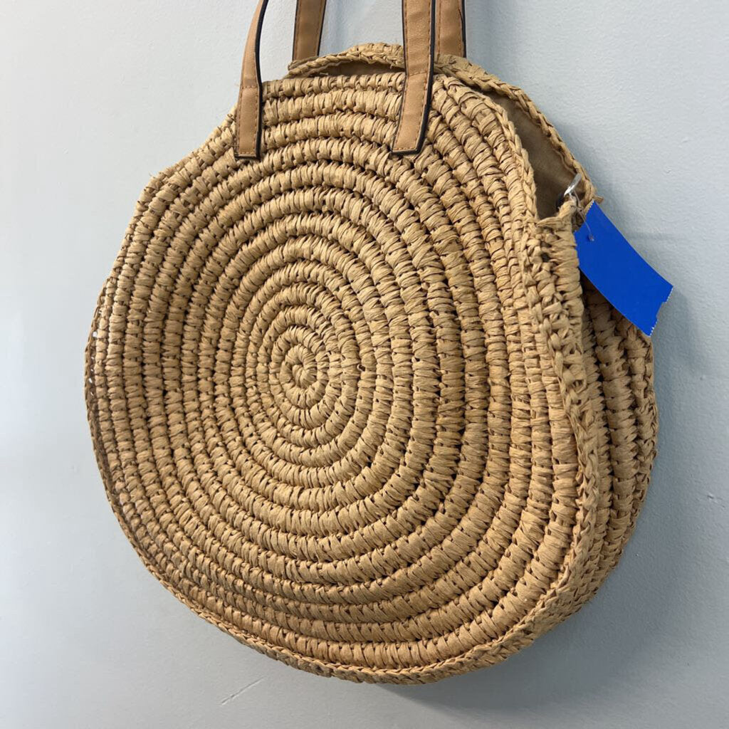 Brown Natural Straw Woven Circle Purse