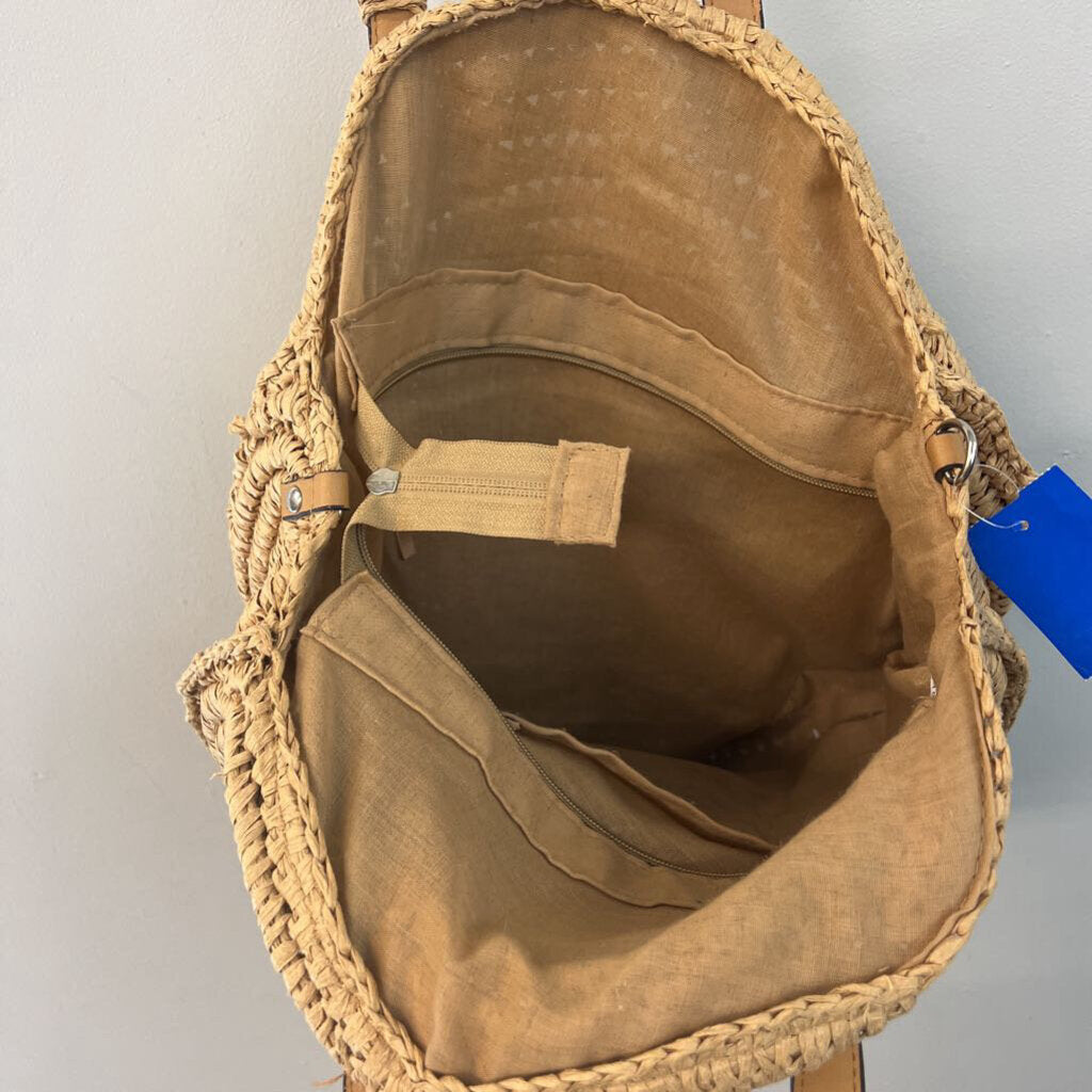 Brown Natural Straw Woven Circle Purse