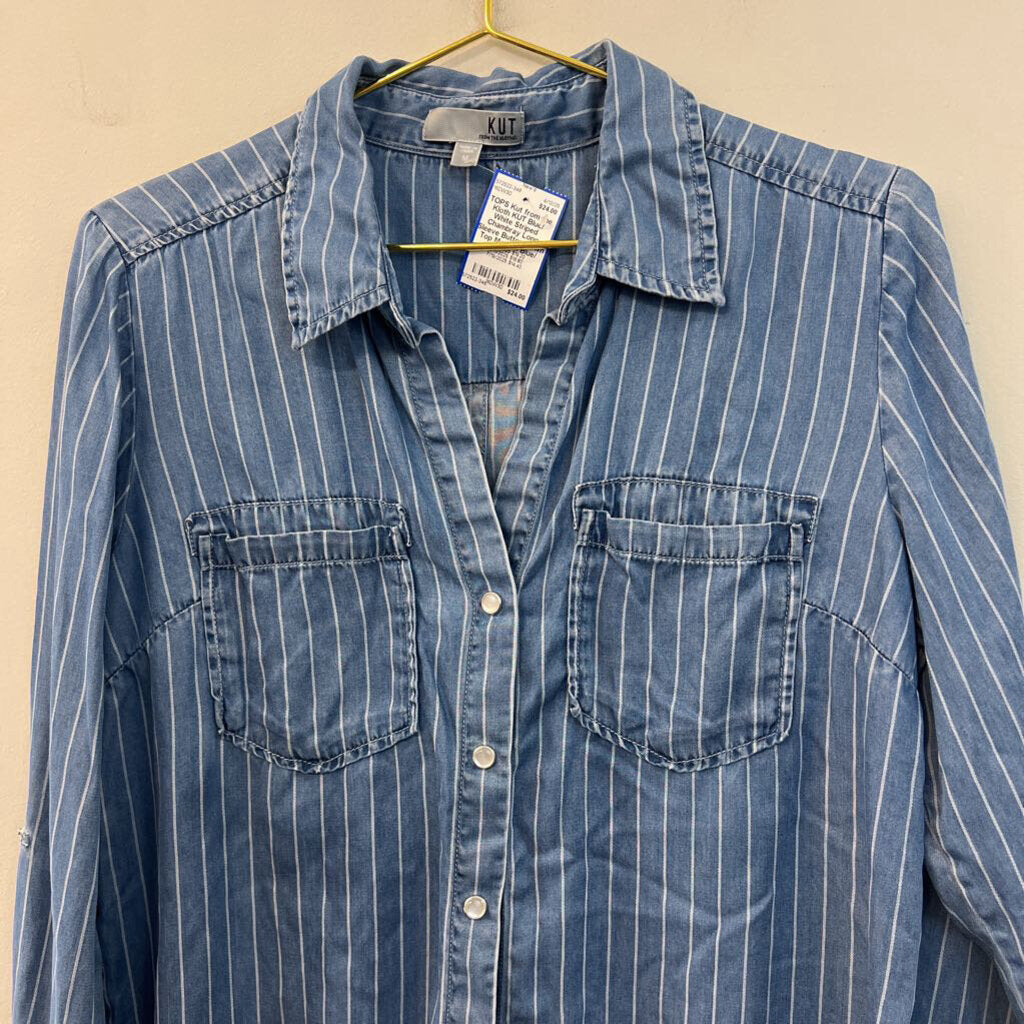 KUT Blue/ White Striped Chambray Long Sleeve Button Down Top Medium