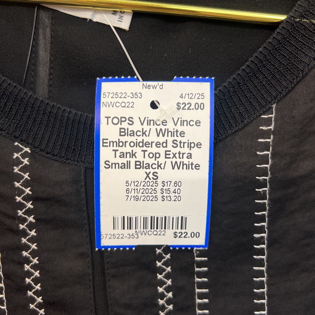 Vince Black/ White Embroidered Stripe Tank Top Extra Small