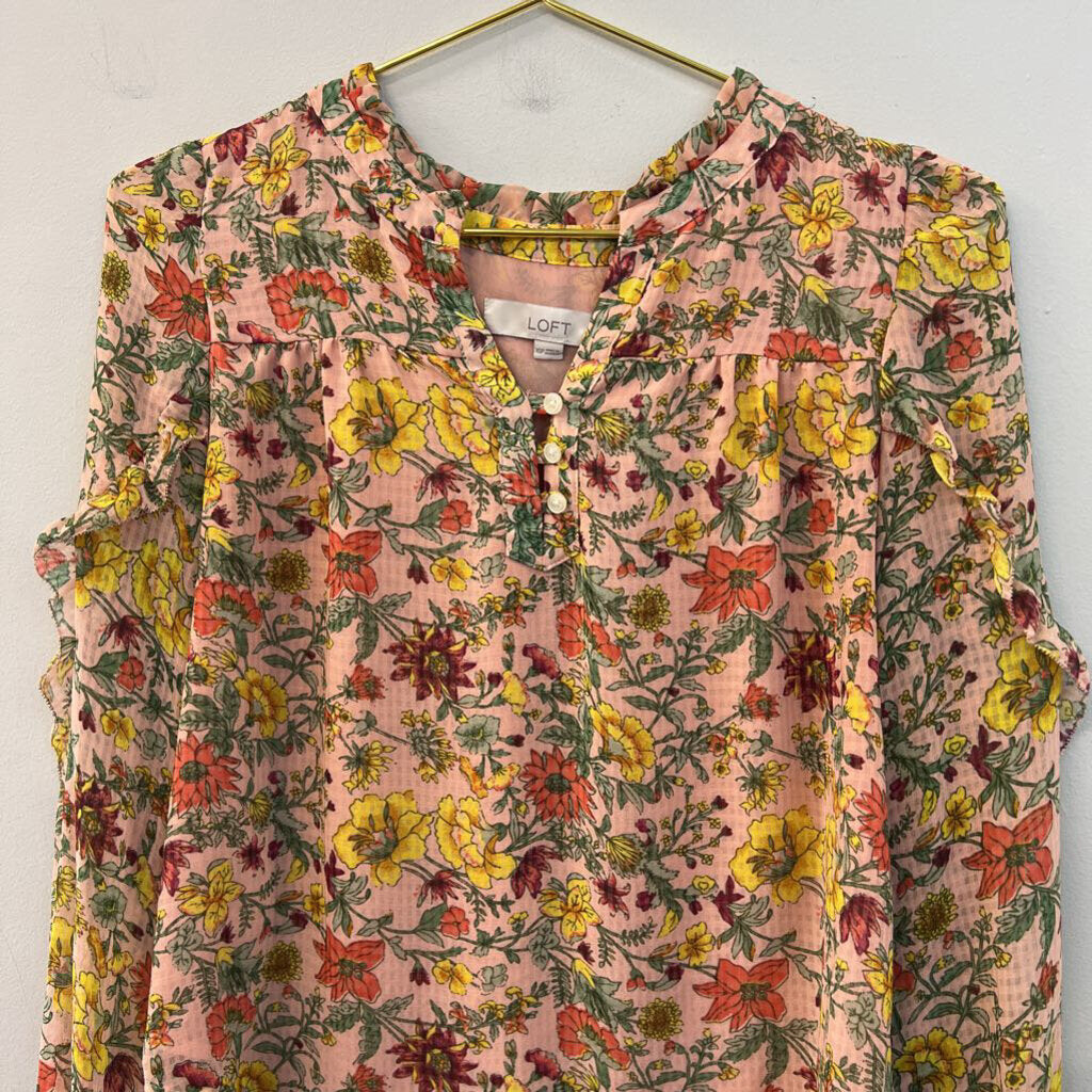 Loft Pink/ Multi Flower Print Long Sleeve Top Extra Small Petite