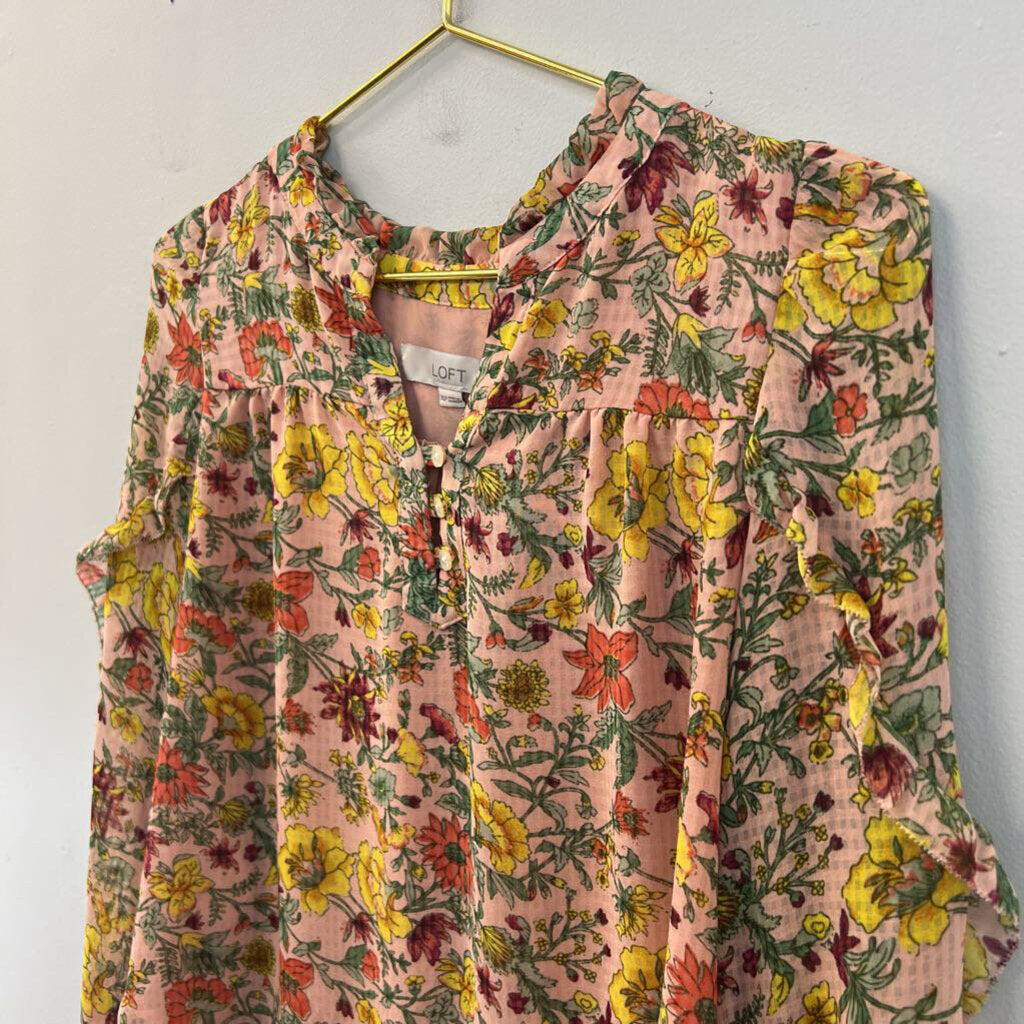 Loft Pink/ Multi Flower Print Long Sleeve Top Extra Small Petite
