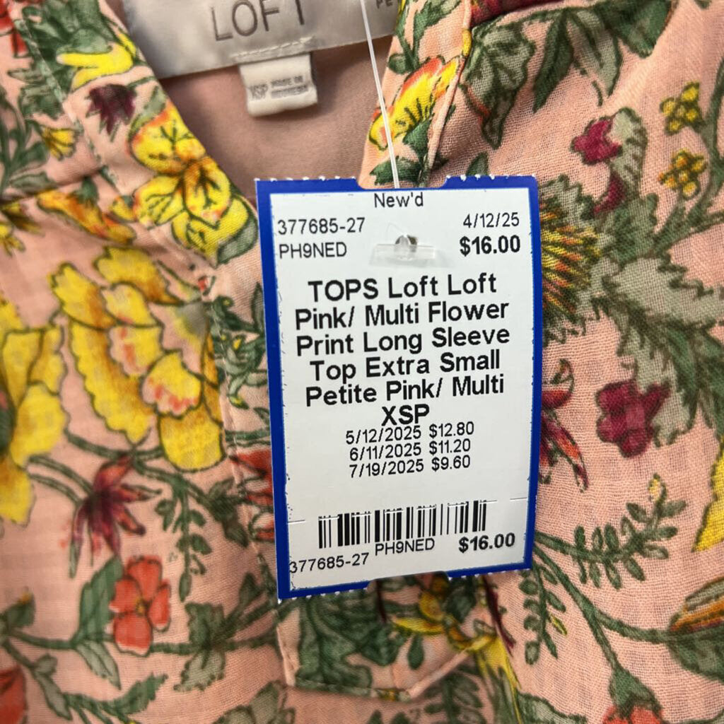 Loft Pink/ Multi Flower Print Long Sleeve Top Extra Small Petite