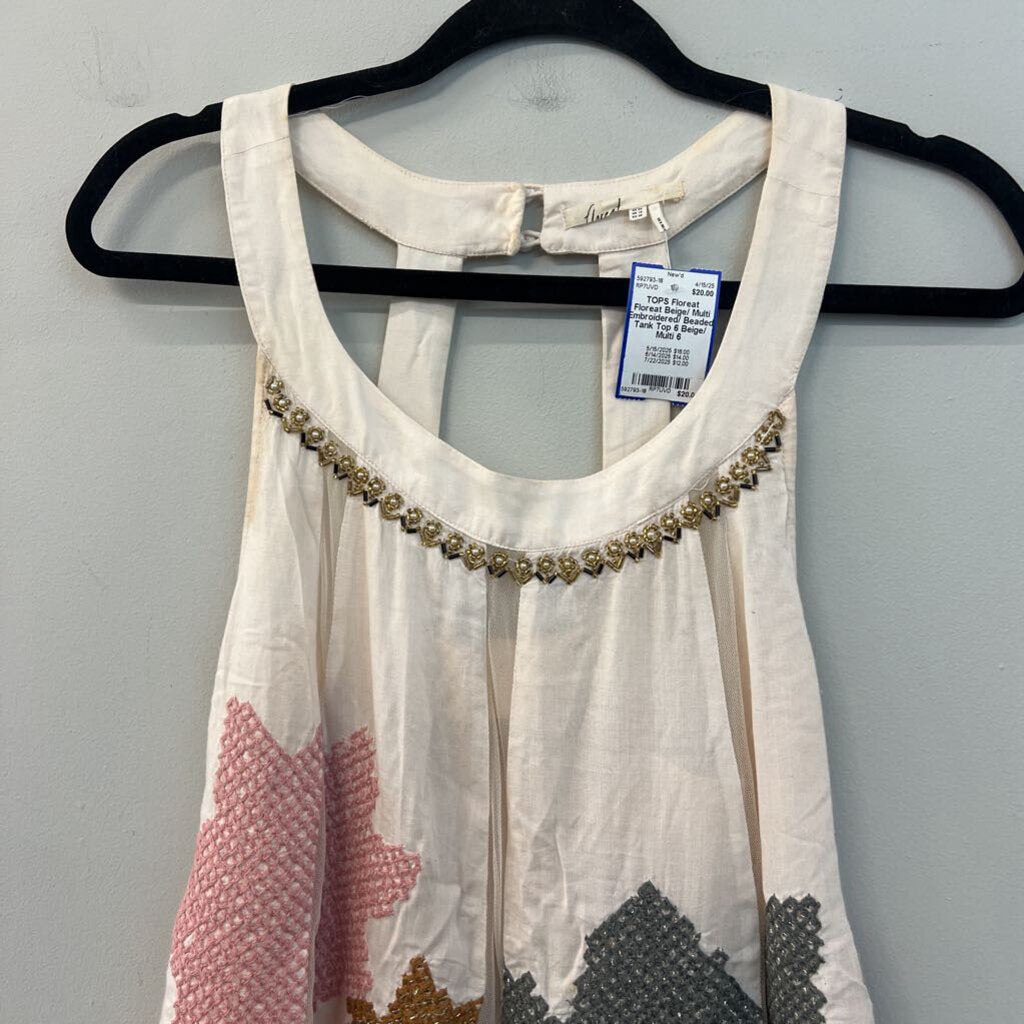 Floreat Beige/ Multi Embroidered/ Beaded Tank Top 6