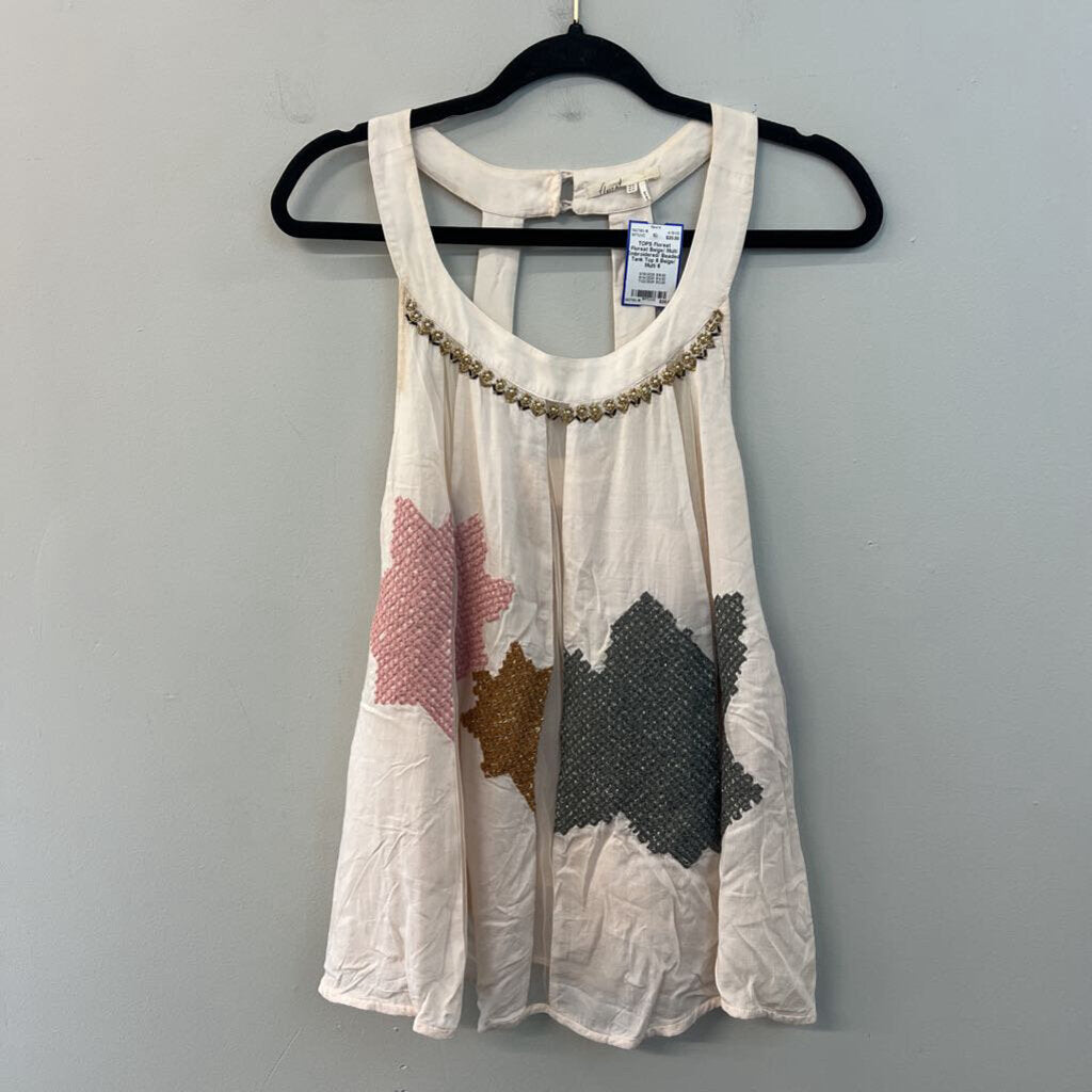 Floreat Beige/ Multi Embroidered/ Beaded Tank Top 6