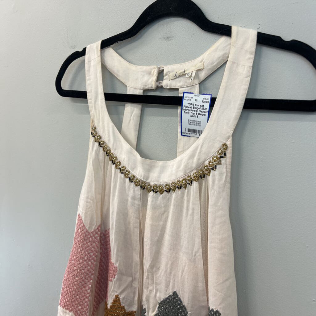 Floreat Beige/ Multi Embroidered/ Beaded Tank Top 6