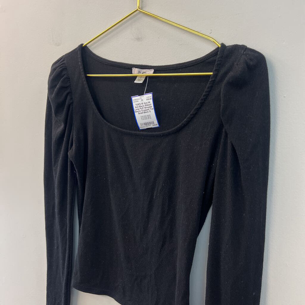 Mi Ami Black Ribbed Long Puff Shoulder Sleeve Cropped Top Small