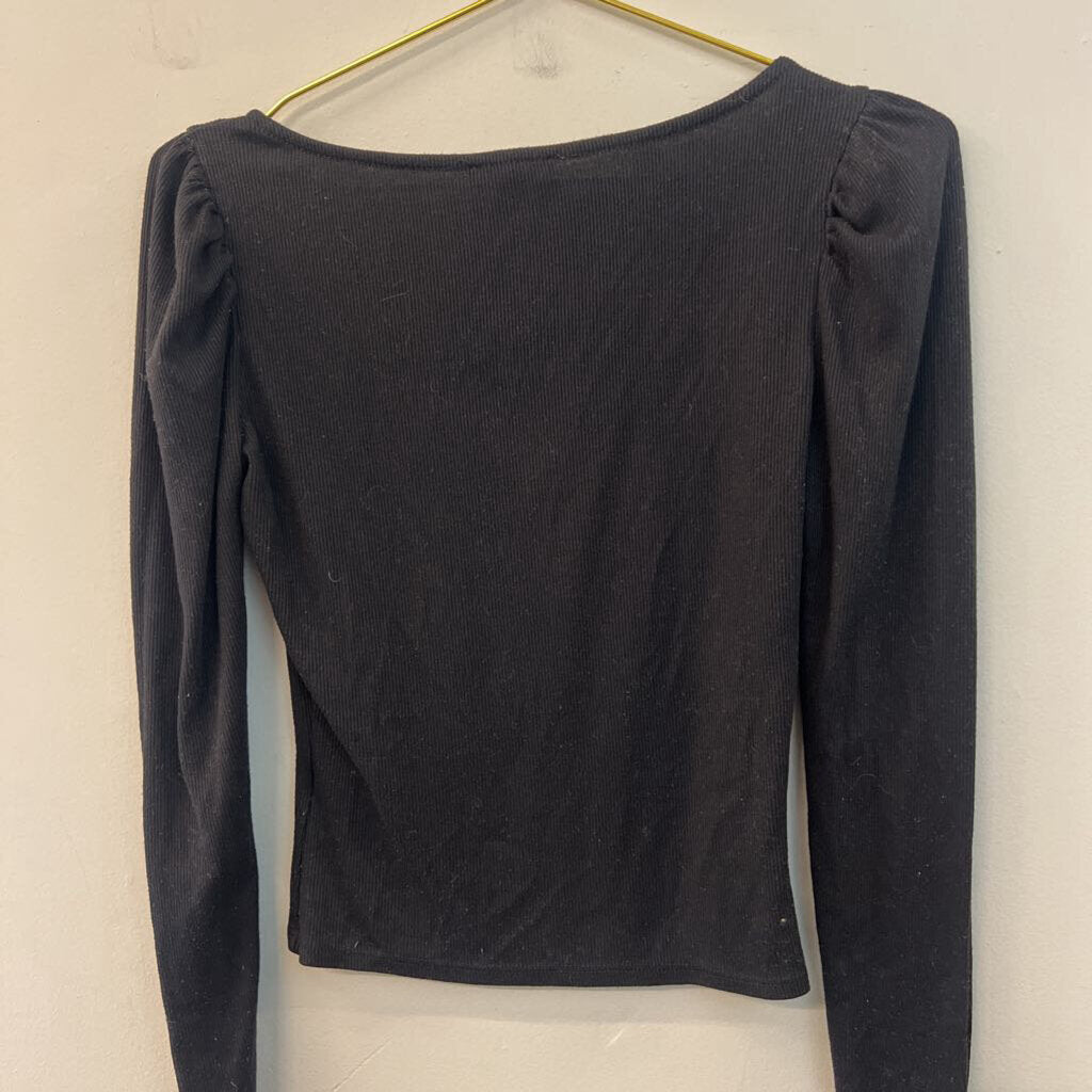 Mi Ami Black Ribbed Long Puff Shoulder Sleeve Cropped Top Small