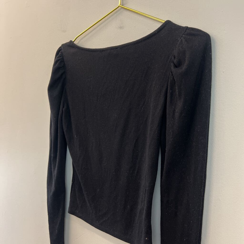 Mi Ami Black Ribbed Long Puff Shoulder Sleeve Cropped Top Small