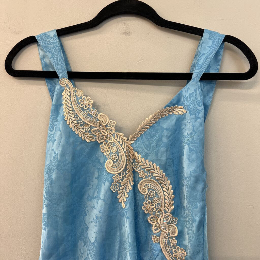 Vintage Victoria's Secret Blue/ Gold Silky Paisley Print Lace Detail Slip Dress Small