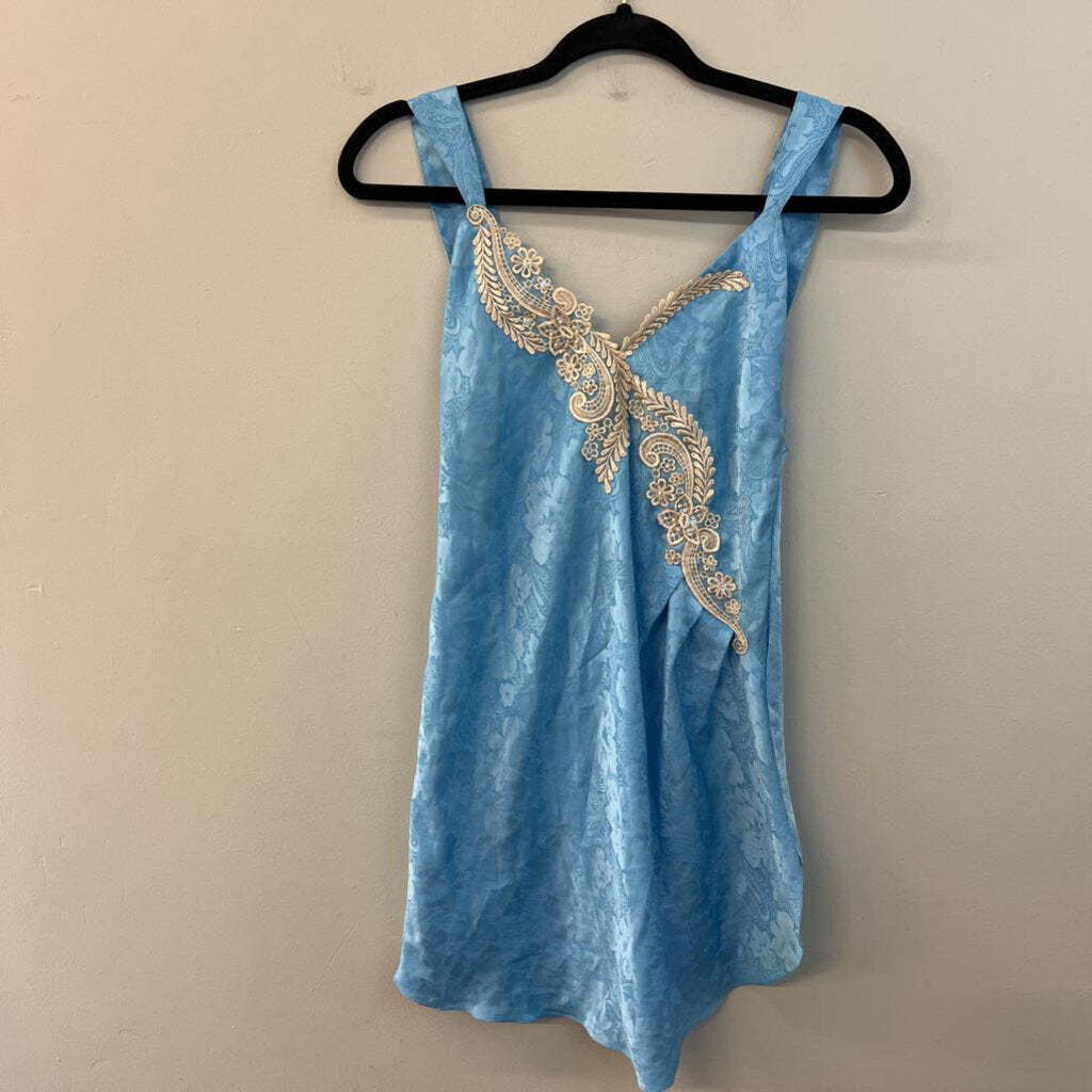 Vintage Victoria's Secret Blue/ Gold Silky Paisley Print Lace Detail Slip Dress Small