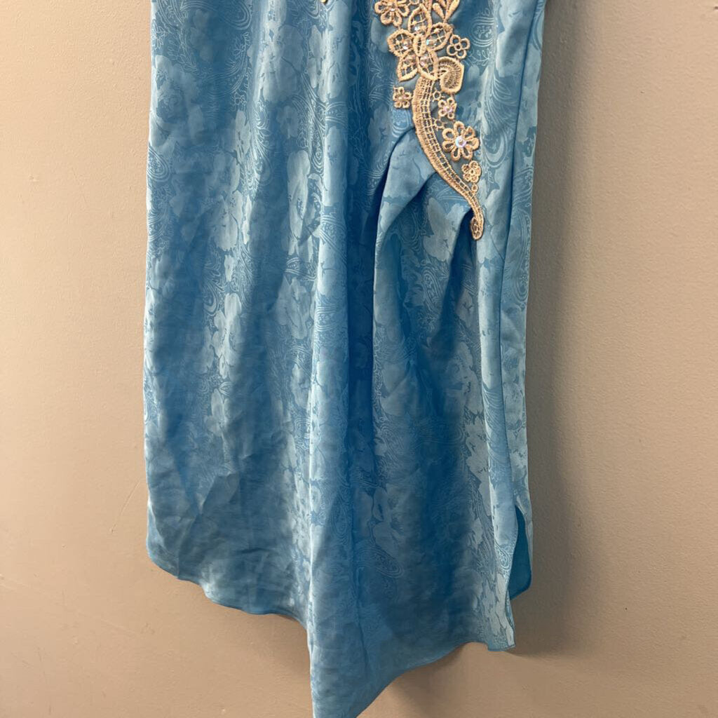 Vintage Victoria's Secret Blue/ Gold Silky Paisley Print Lace Detail Slip Dress Small