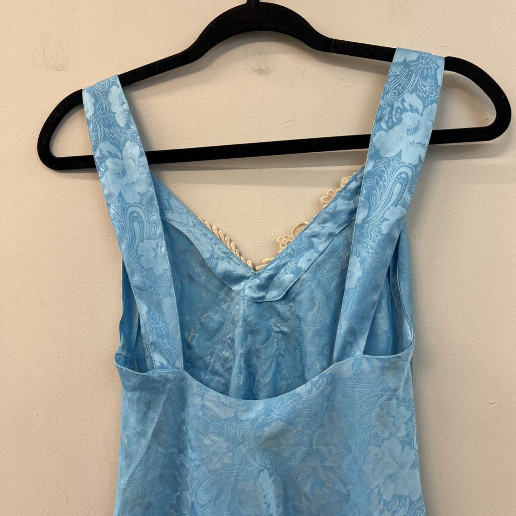 Vintage Victoria's Secret Blue/ Gold Silky Paisley Print Lace Detail Slip Dress Small