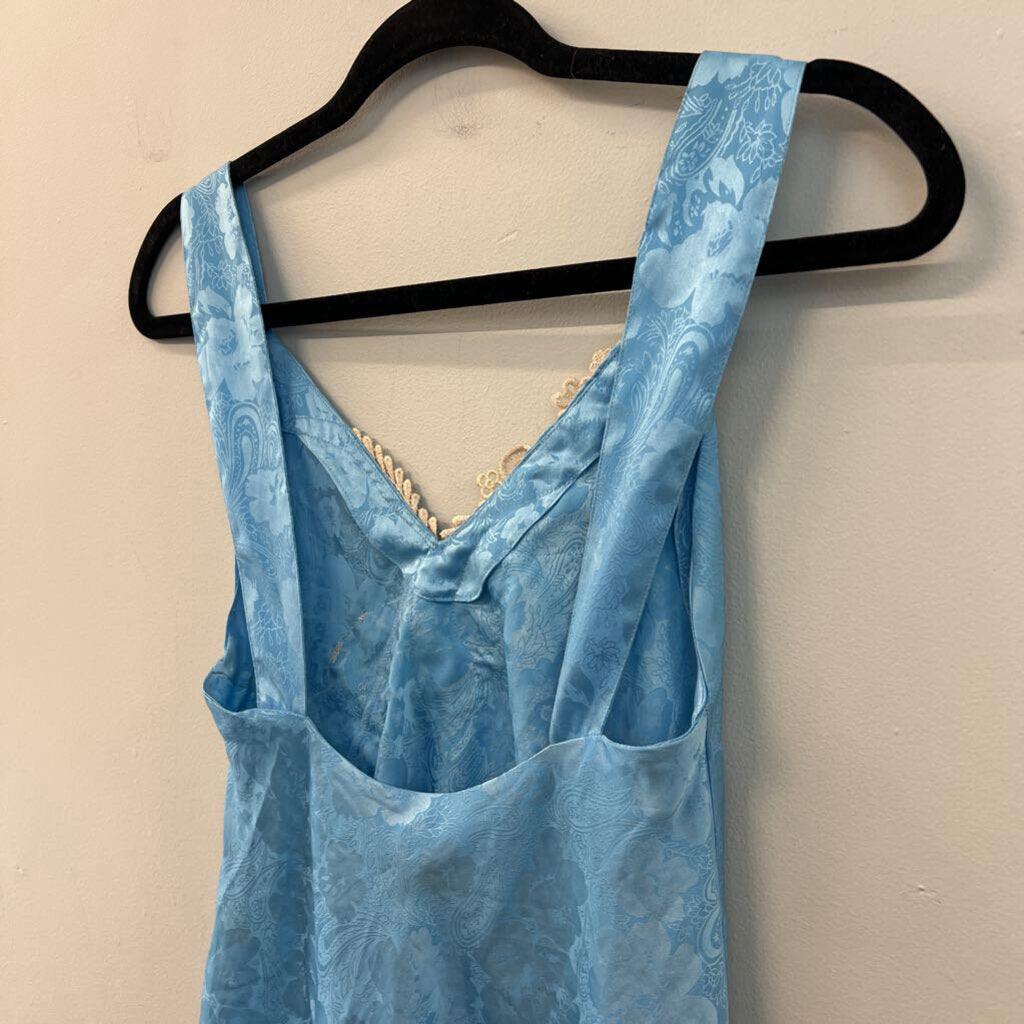 Vintage Victoria's Secret Blue/ Gold Silky Paisley Print Lace Detail Slip Dress Small