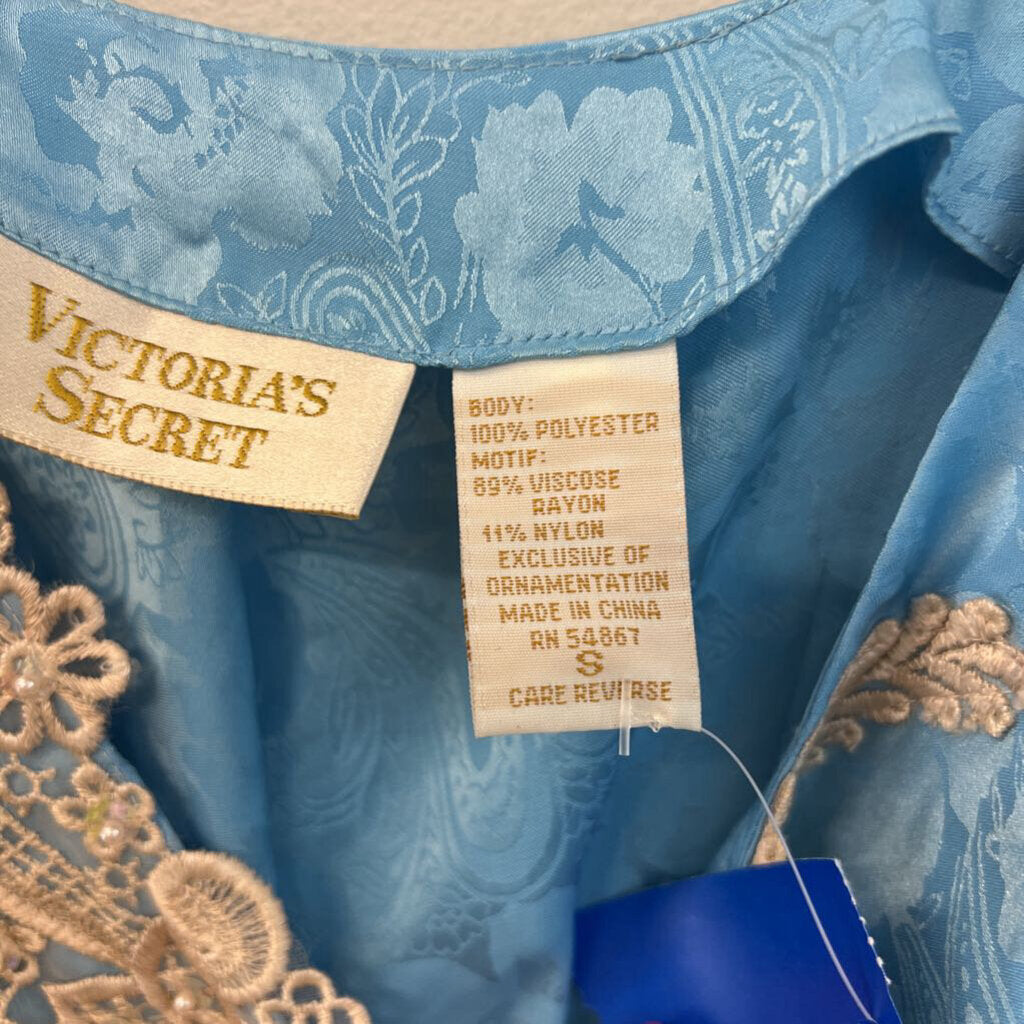 Vintage Victoria's Secret Blue/ Gold Silky Paisley Print Lace Detail Slip Dress Small