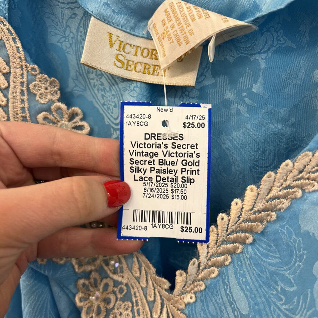 Vintage Victoria's Secret Blue/ Gold Silky Paisley Print Lace Detail Slip Dress Small