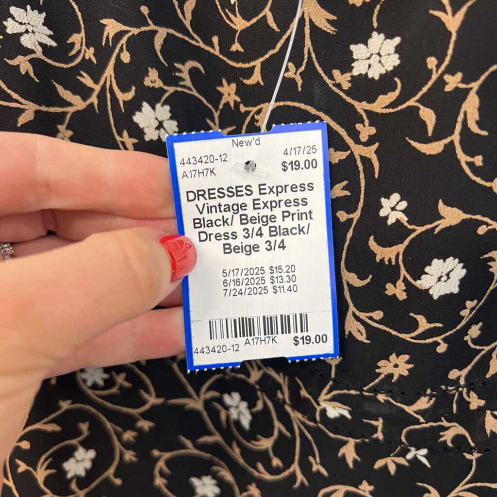 Vintage Express Black/ Beige Print Dress 3/4