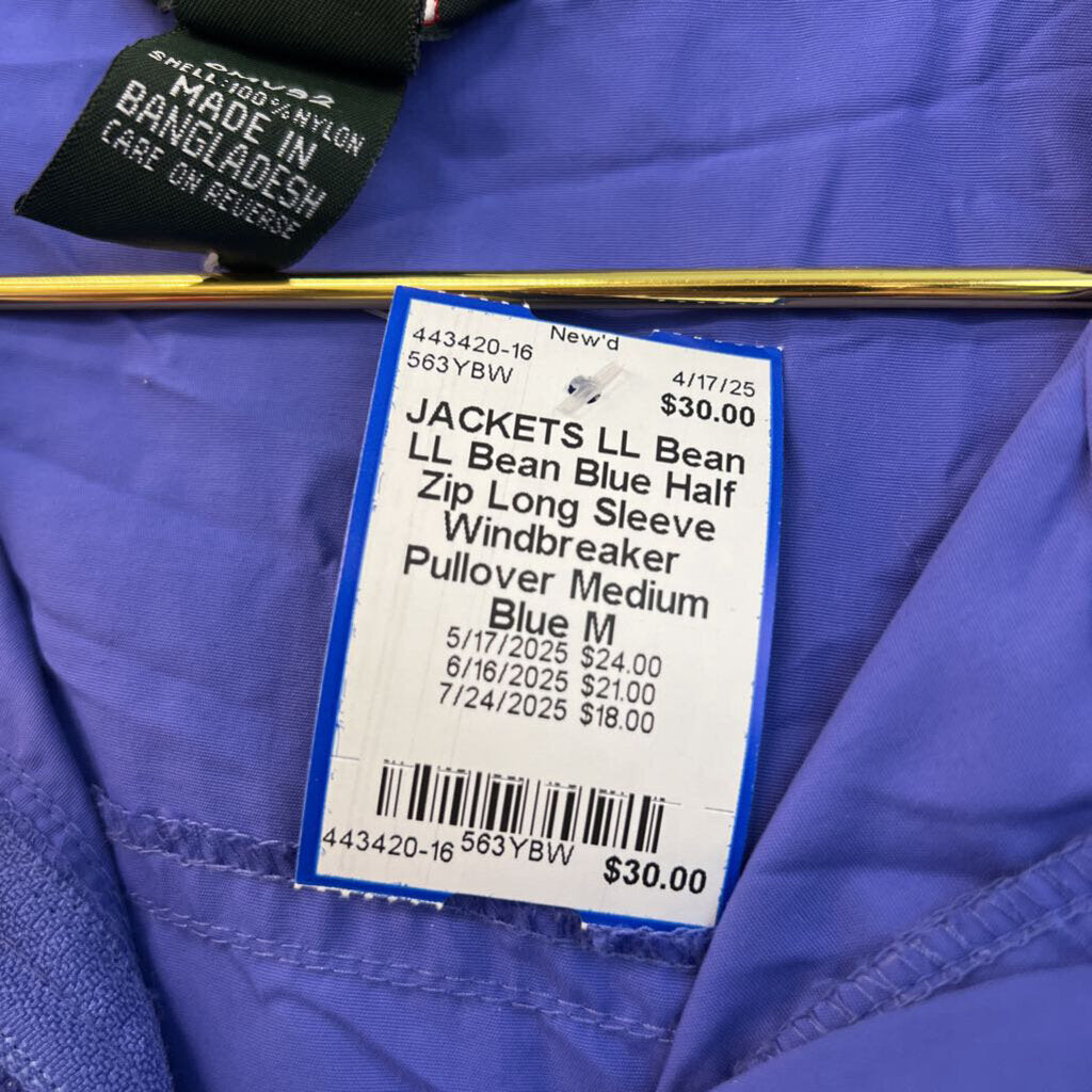 LL Bean Blue Half Zip Long Sleeve Windbreaker Pullover Medium