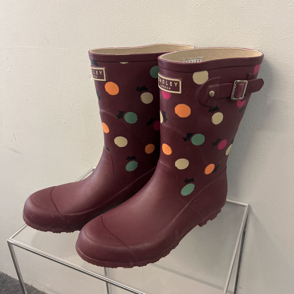 Radley Burgundy/ Multi Alba Polka Dot Mid Wellington Rain Boots 10