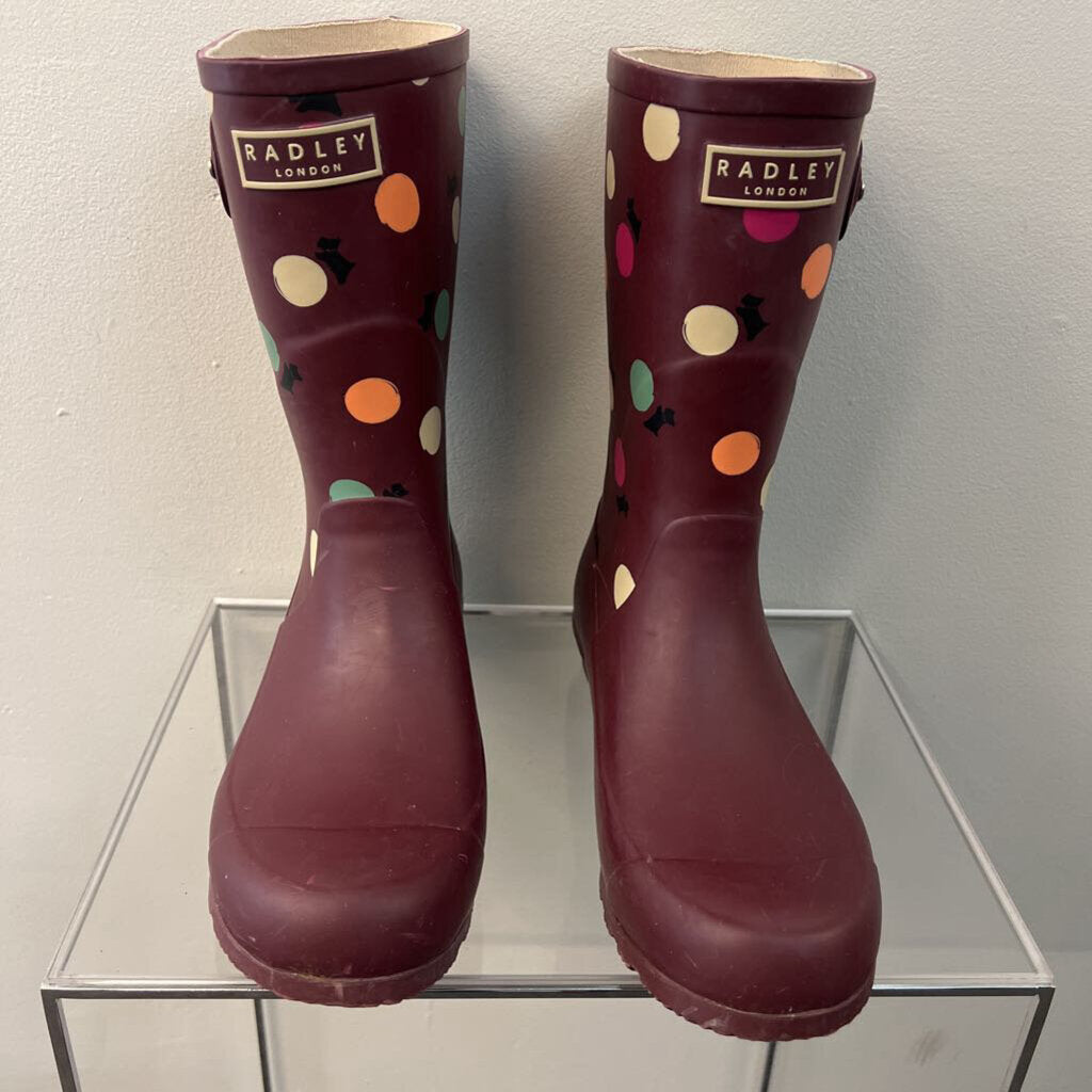 Radley Burgundy/ Multi Alba Polka Dot Mid Wellington Rain Boots 10
