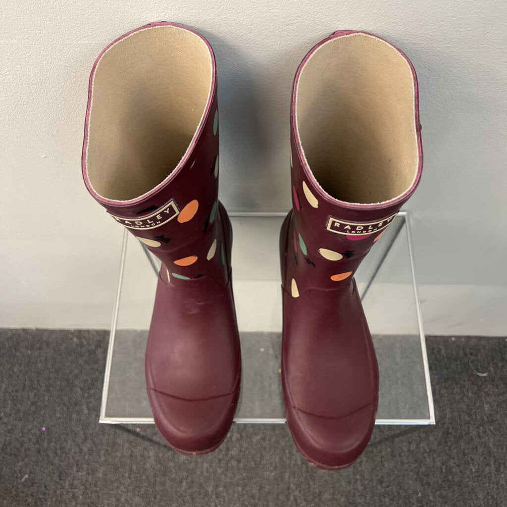 Radley Burgundy/ Multi Alba Polka Dot Mid Wellington Rain Boots 10