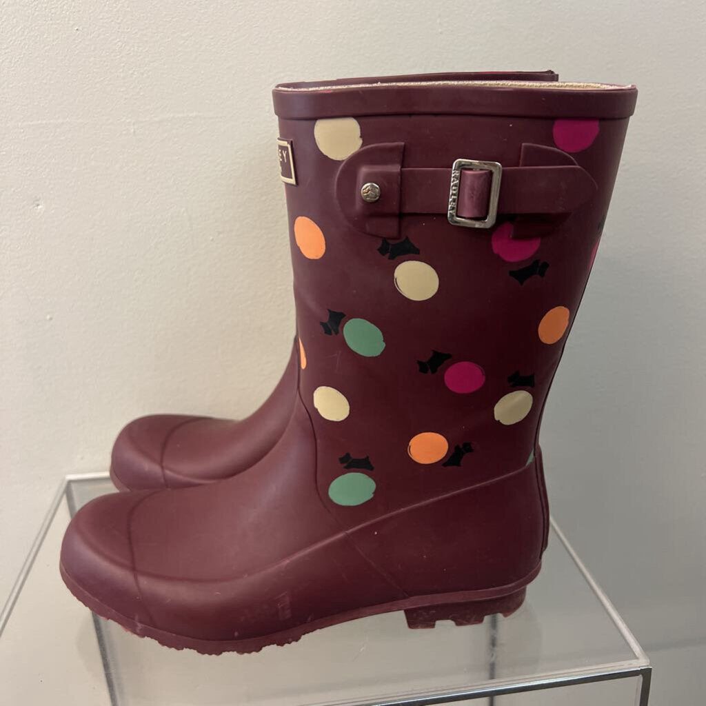 Radley Burgundy/ Multi Alba Polka Dot Mid Wellington Rain Boots 10