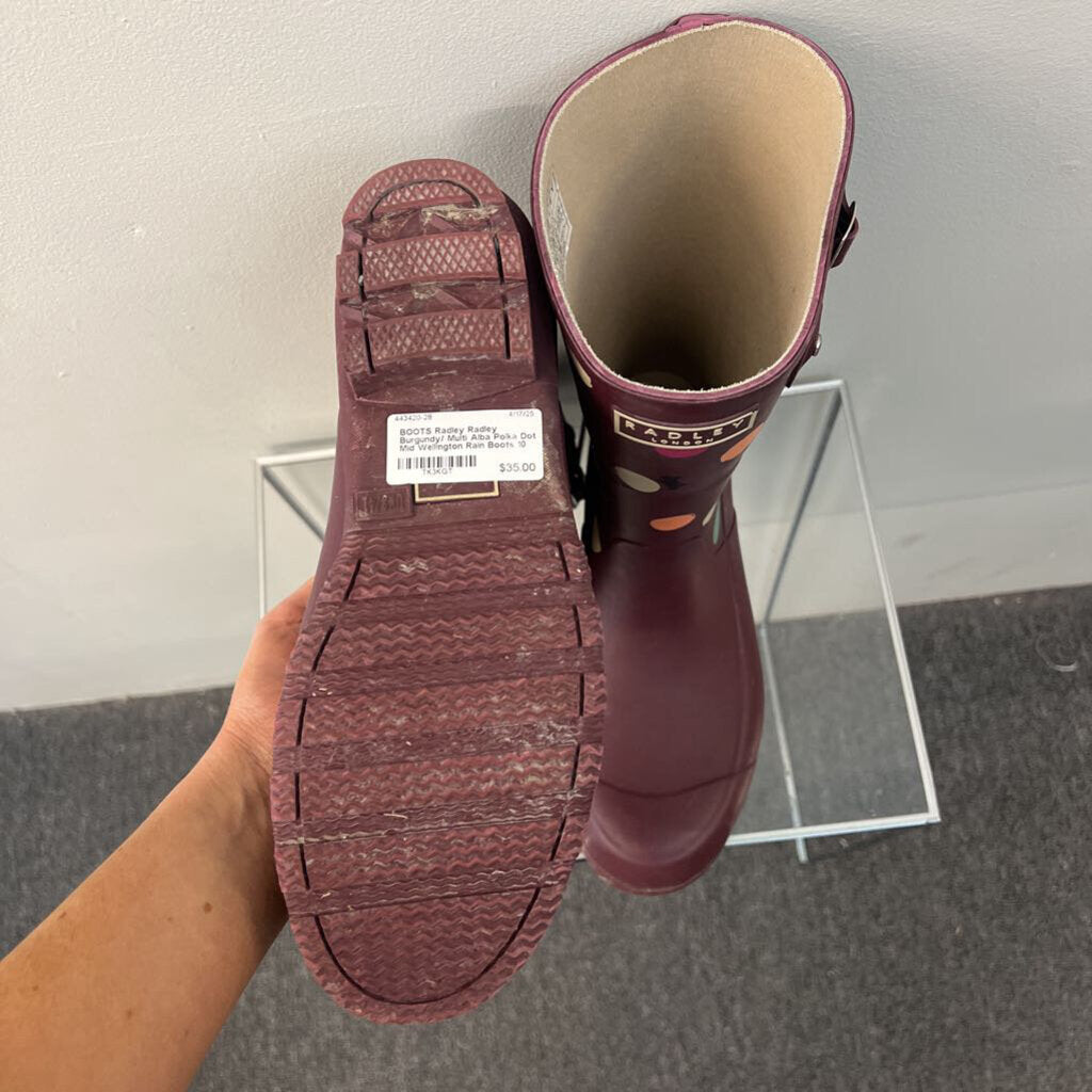 Radley Burgundy/ Multi Alba Polka Dot Mid Wellington Rain Boots 10