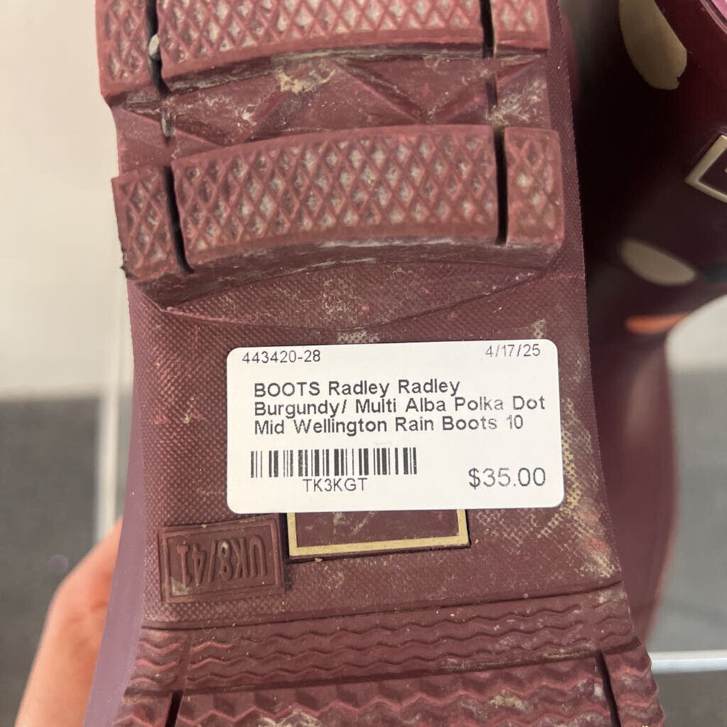 Radley Burgundy/ Multi Alba Polka Dot Mid Wellington Rain Boots 10