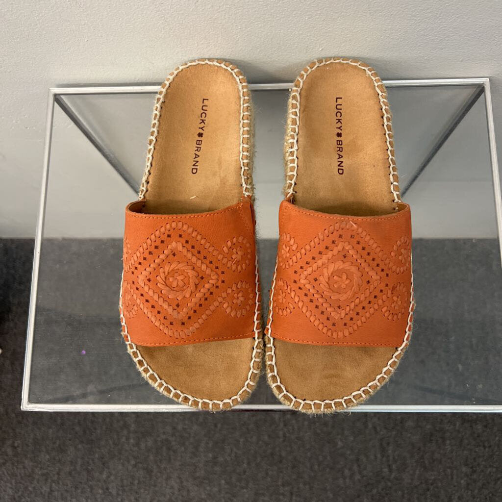 Lucky Brand Orange Leather Platform Slip On Sandals 6.5