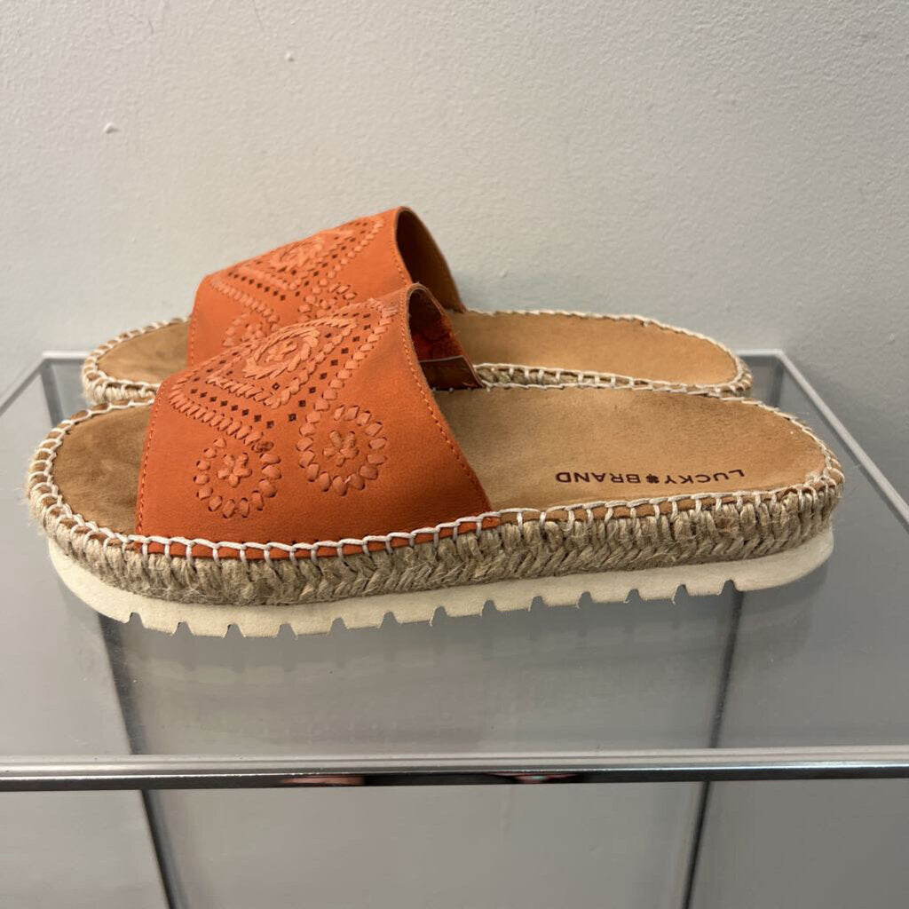 Lucky Brand Orange Leather Platform Slip On Sandals 6.5