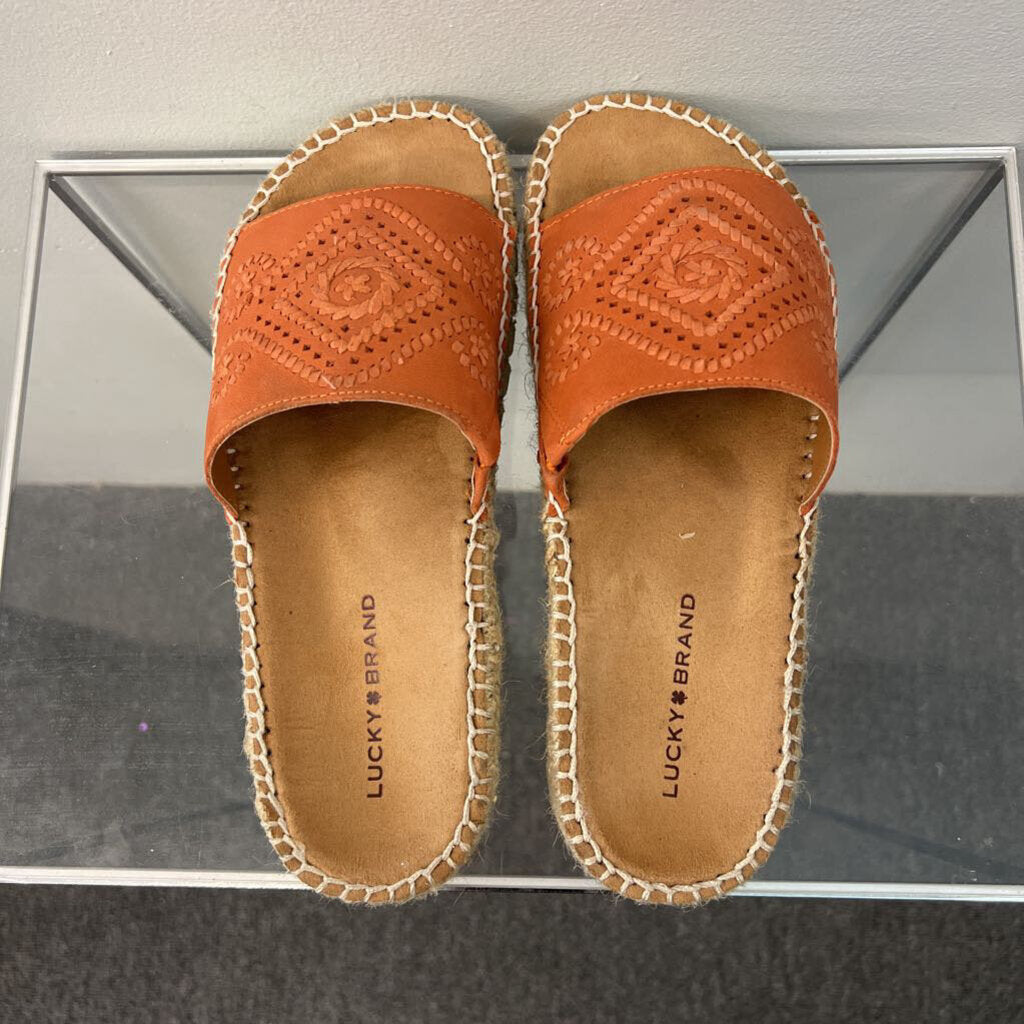 Lucky Brand Orange Leather Platform Slip On Sandals 6.5