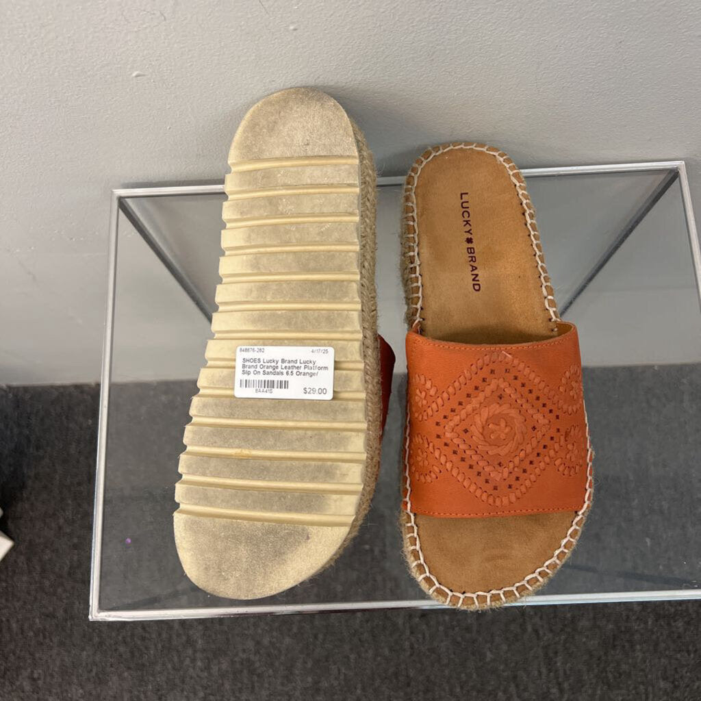 Lucky Brand Orange Leather Platform Slip On Sandals 6.5