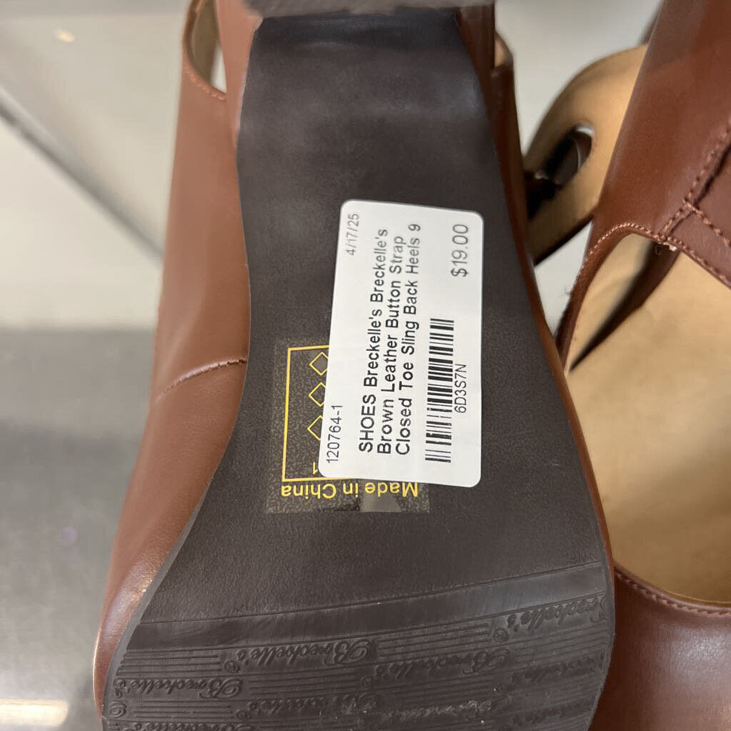 Breckelle's Brown Leather Button Strap Closed Toe Sling Back Heels 9